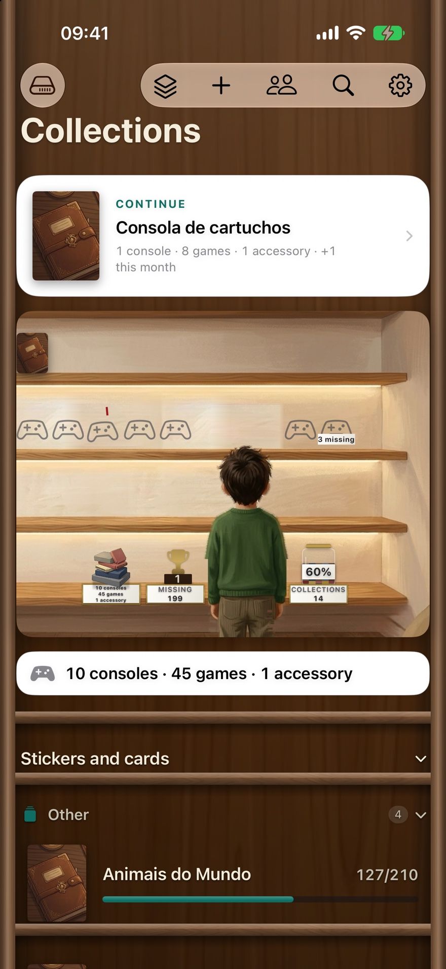 The Collections screen in Collectors Den on iPhone: a Continue card, the lit shelves and a collection at 127 of 210.