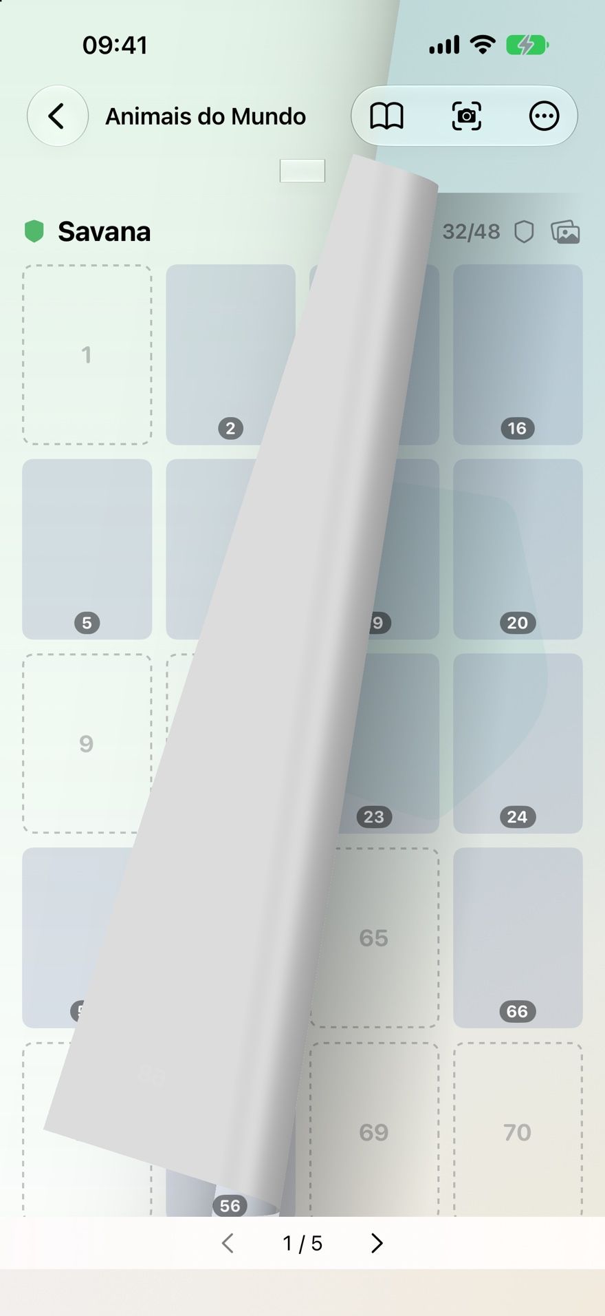 A Collectors Den album page on iPhone mid page-turn: numbered sticker slots, dashed empty slots for missing stickers, and 32 of 48 in the Savana section.