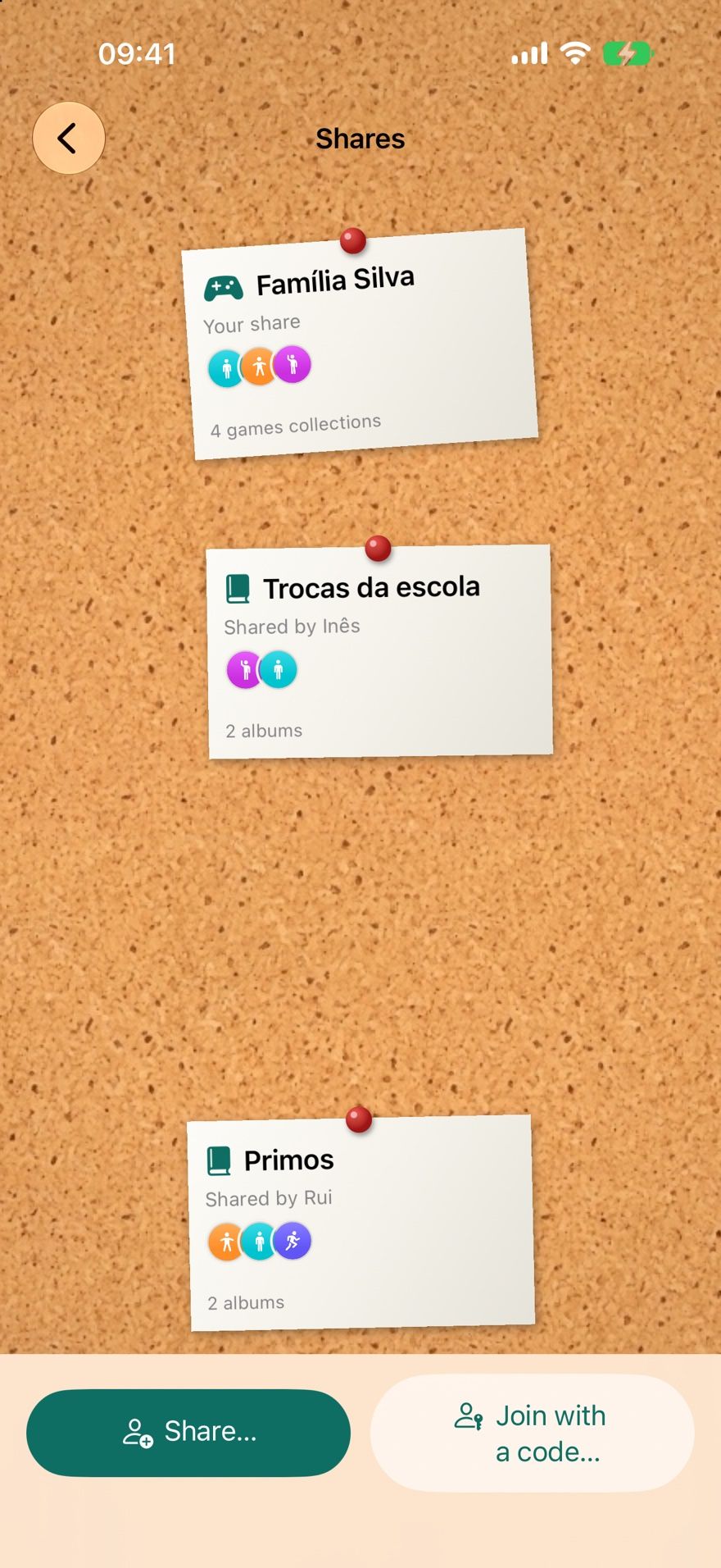The Shares screen in Collectors Den: a cork board with three pinned cards for shared collections and buttons to share or join with a code.