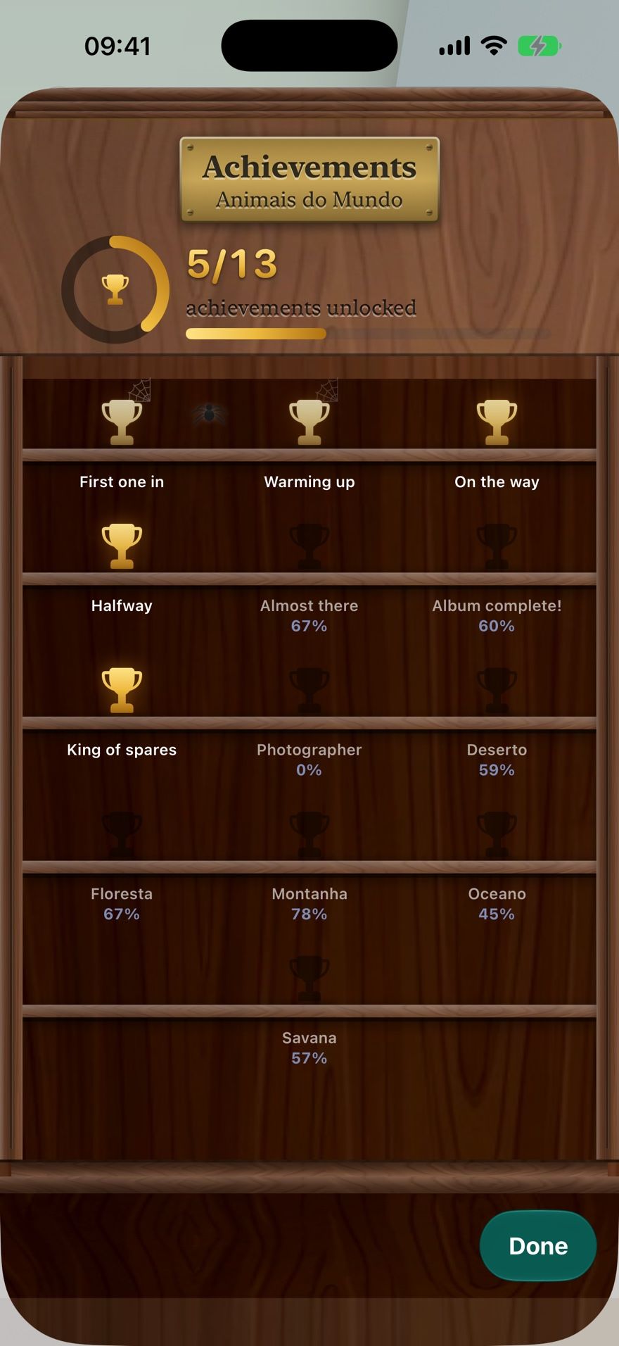 The Achievements cabinet for an album in Collectors Den: 5 of 13 trophies unlocked on wooden shelves, with percentages for each section.