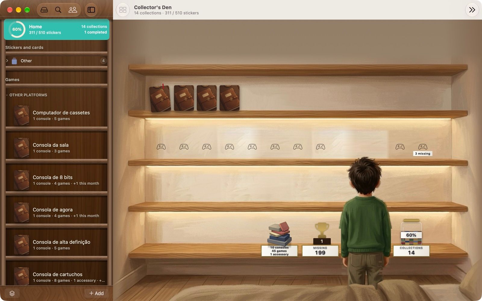 Collectors Den on a Mac: collections on a wooden-shelf sidebar beside a room of lit shelves.