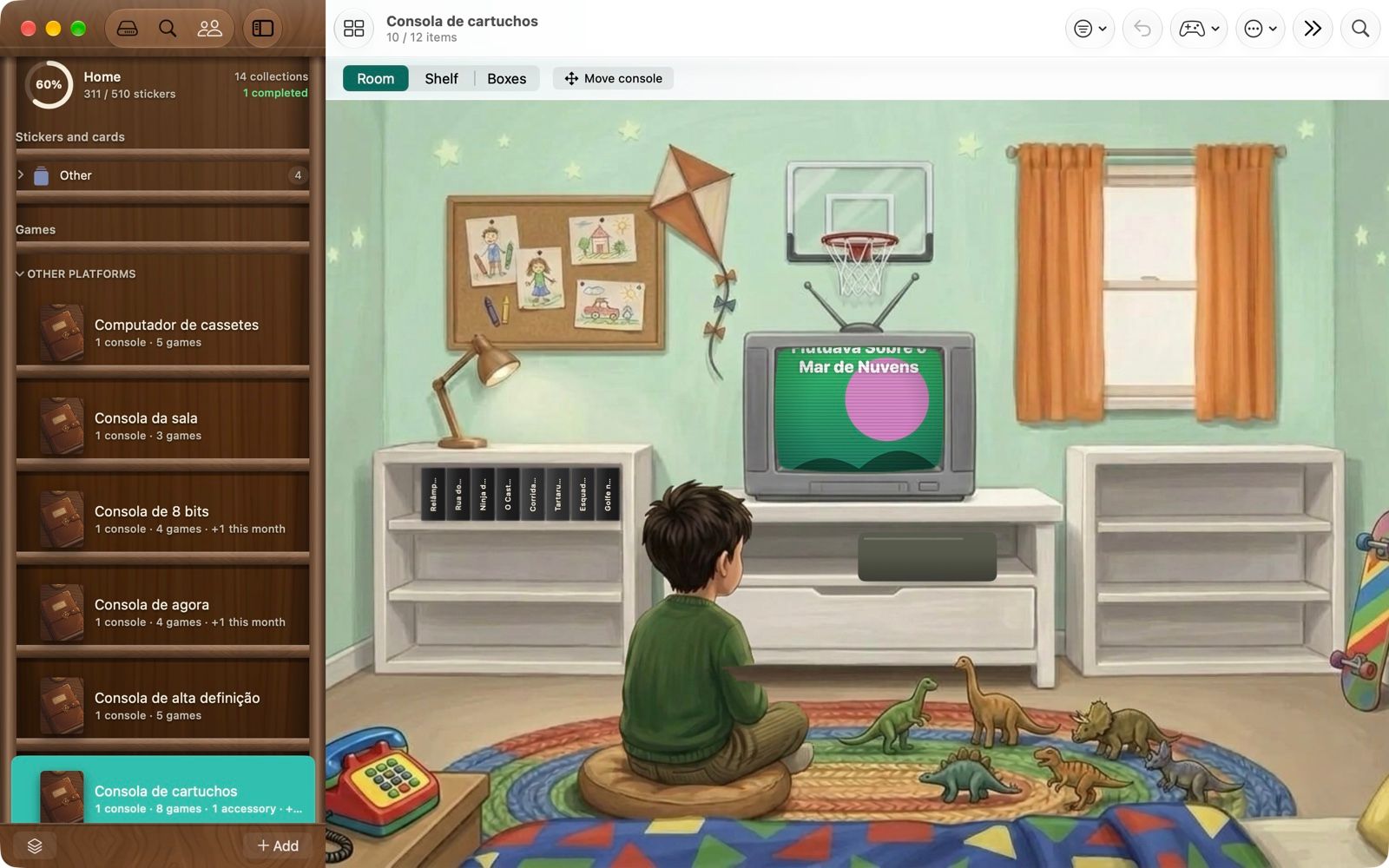A games collection on a Mac in Collectors Den, opened in an illustrated bedroom with a television and a shelf of games.
