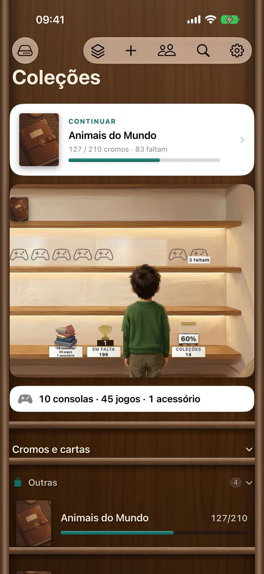 O Collectors Den no iPhone: o ecrã Coleções com o cartão «Continuar», as prateleiras com o rapaz e uma caderneta com 127 de 210.
